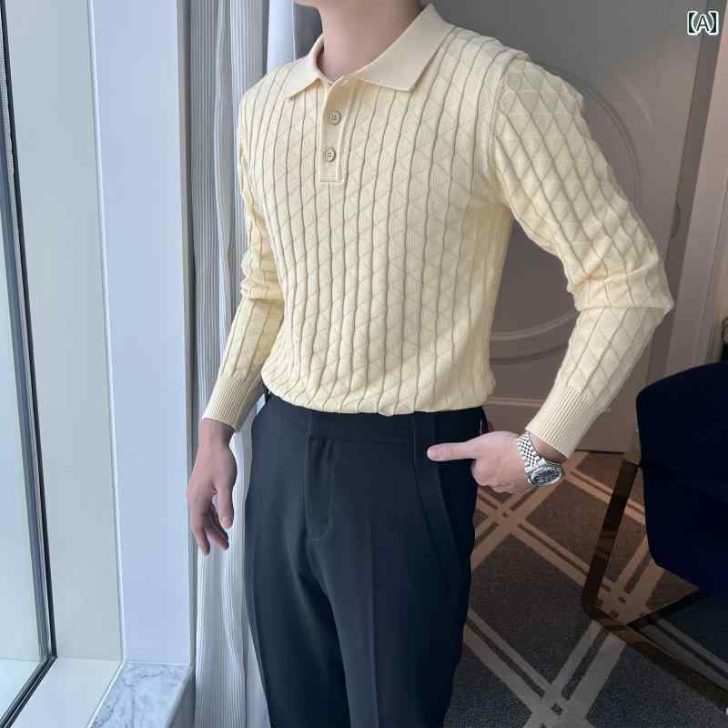 襟付き ニット メンズ 長袖 セーター レトロ カジュアル ジャガード スリムフィット 大きいサイズ 秋 ..