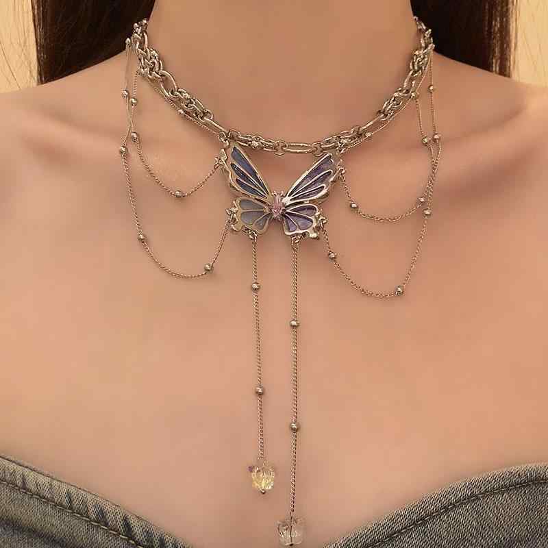 チョーカー レディース ネックレス 大人 上品 エレガント アクセサリー レトロ チェーン 合金 蝶 大きめ ペンダント ビーズ 鎖骨 おしゃれ シルバー