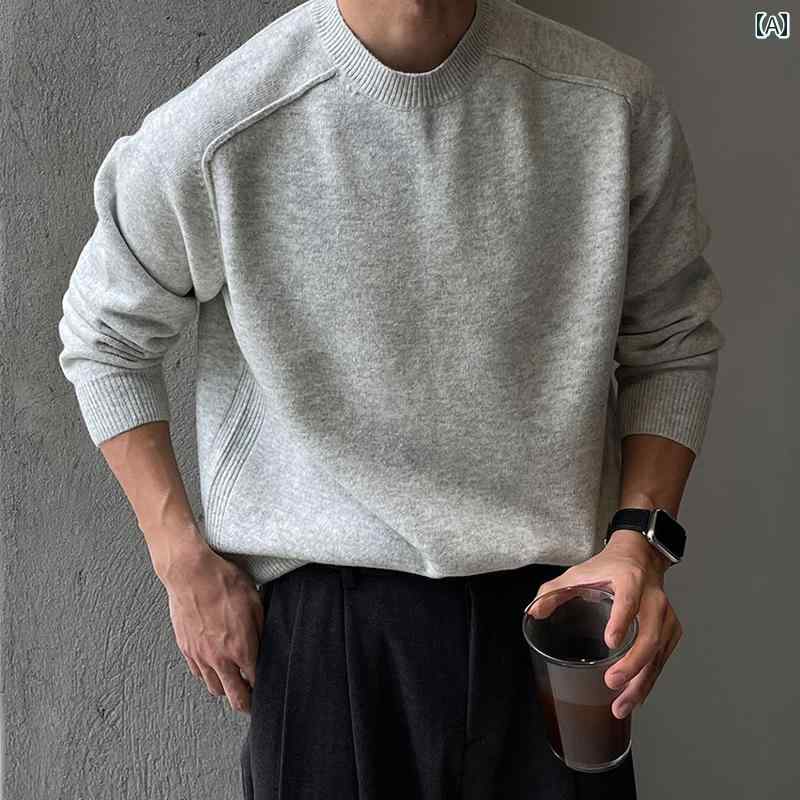 Crew Neck - セーター メンズ おしゃれ ニット 長袖 クルーネック 軽い ゆったり 柔らかい 秋冬 トップス プルオーバー 防寒 暖かい 保温 韓国 シンプル 無地 スタイリッシュ シック オフィスカジュアル ビジネス 普段着 黒 グレー