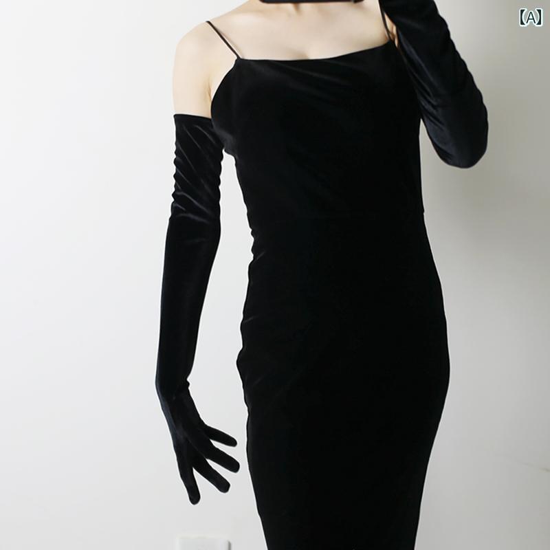 手袋 ドレス用 レディース ゴールド ベロア ロング フィンガーグローブ レトロ エレガント フォーマル パーティー セレモニー 写真撮影 黒 赤 白