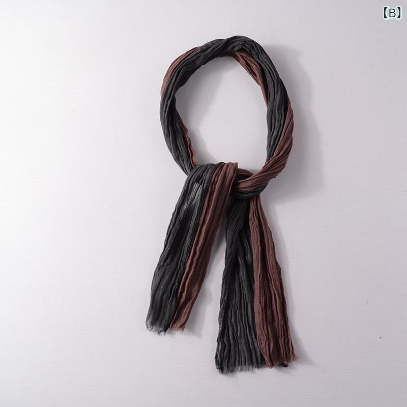 スカーフ メンズ 大人 夏 薄手 綿 麻 韓国 普段使い 風よけ カラーブロック 長方形 カジュアル シンプル 無地 おしゃれ プレゼント 黒 茶 グレー