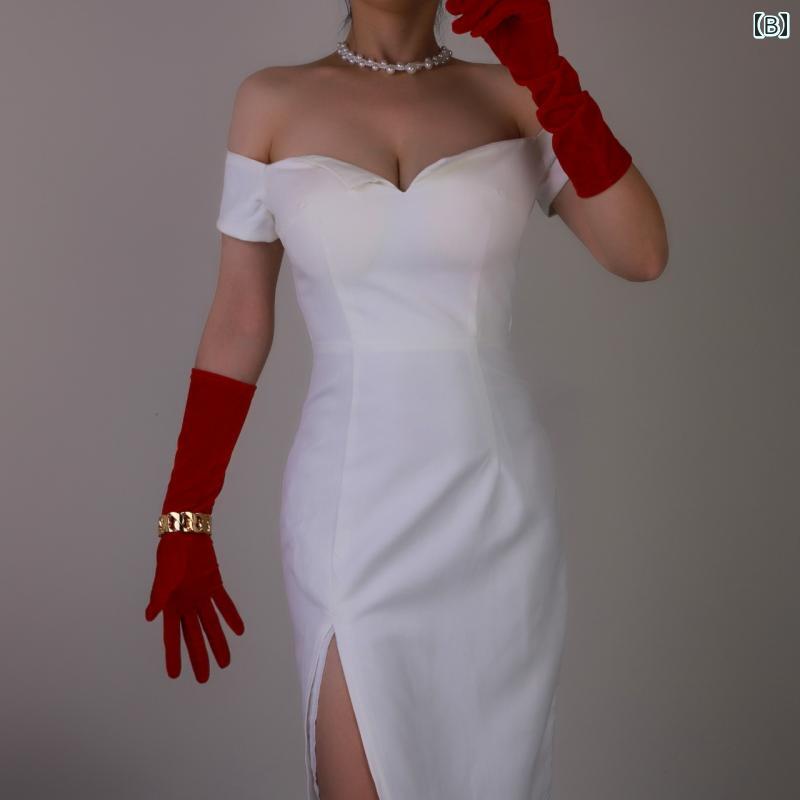 手袋 ドレス用 レディース ベロア ロング フィンガーグローブ フランネル レトロ フォーマル イブニング パーティー セレモニー 写真撮影 赤 白 紫
