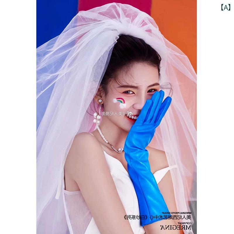 レザー グローブ レディース ロング PU 手袋 セクシー クール カラフル ゆったり ダンス ステージ 大きめ スリーブ 衣装 撮影用 フォト アイテム 青 紫 黒
