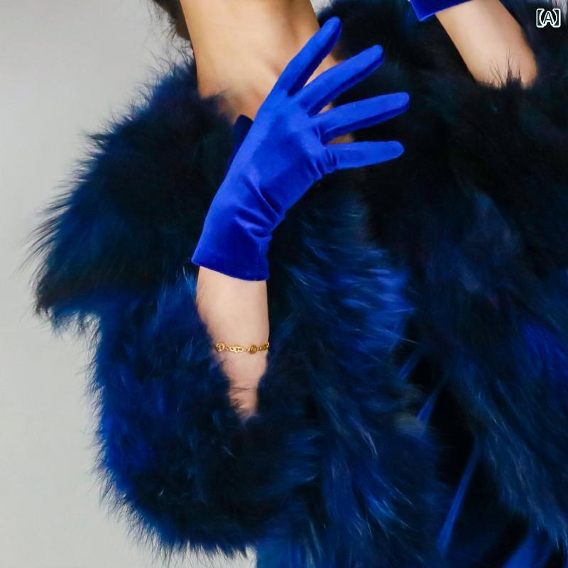 手袋 ドレス用 レディース 金糸 ベロア ロング フィンガーグローブ ビロード イブニング パーティー セレモニー おしゃれ フォーマル 青