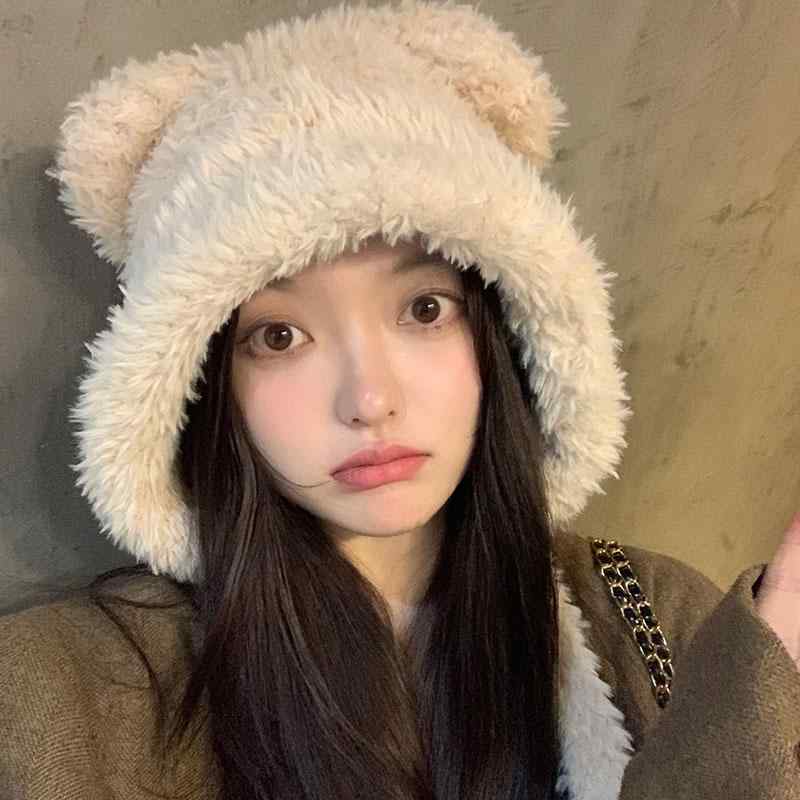 ニット帽 レディース くま かわいい 秋冬 ビーニー 大きめ ウール 防寒 暖かい 帽子 耳 保護 厚手 ボア ふわふわ もこもこ 柔らかい ゆったり 小顔効果 シンプル カジュアル ストリート 普段使い お出かけ 旅行 ホワイト ブラック カーキ