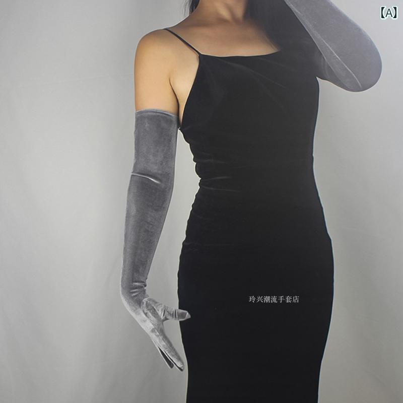 手袋 ドレス用 レディース ストレッチ ベロア 60cm ロング フィンガーグローブ ヴィンテージ風 イブニング パーティー セレモニー アームカバー 秋冬 暖かい 保温 赤 青 黒