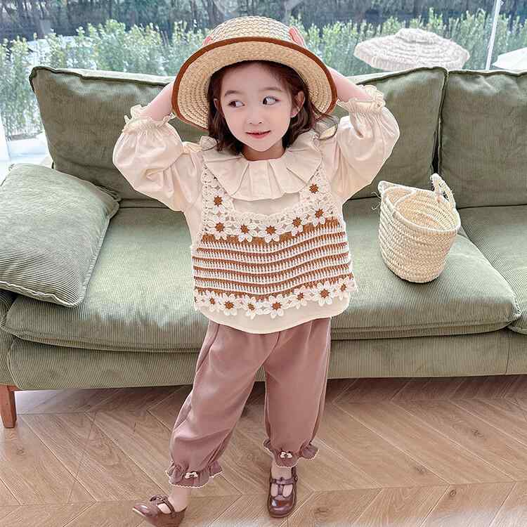 ベスト キッズ 女の子 春秋 シャツ パンツ 3点セット ベビー 子供服 花柄 透かし編み ウエストゴム お..