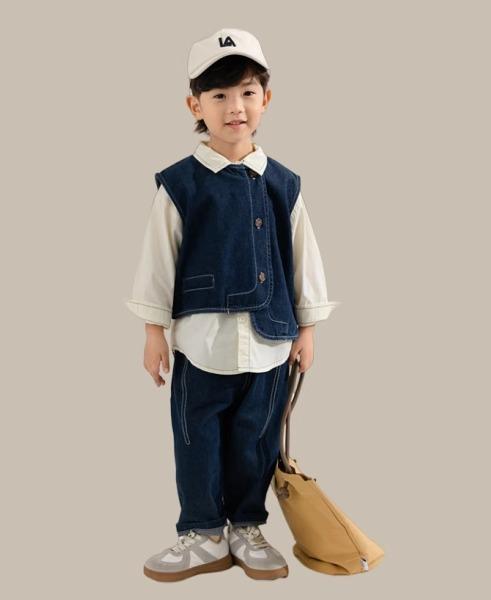 ベスト キッズ 前開き 韓国 春秋 デニム 男の子 女の子 セットアップ 子供服 ベビー 兄弟姉妹 お揃い ..
