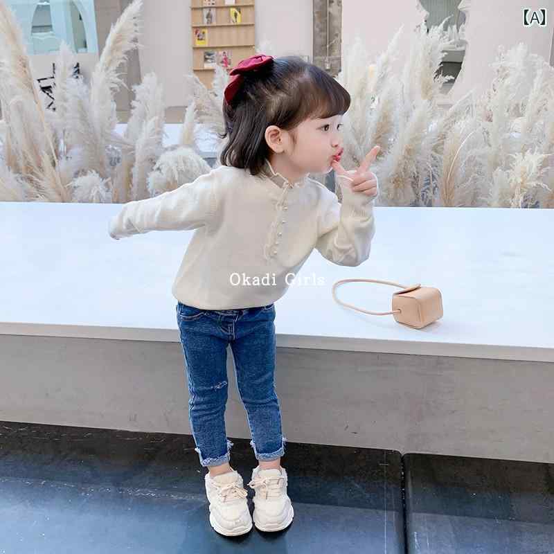 セーター キッズ かわいい 女の子 春秋 韓国 子供用 ウール レース 襟 ボタン ビーズ パール 長袖 プルオーバー カジュアル 普段使い レジャー お出かけ 無地 白 黒