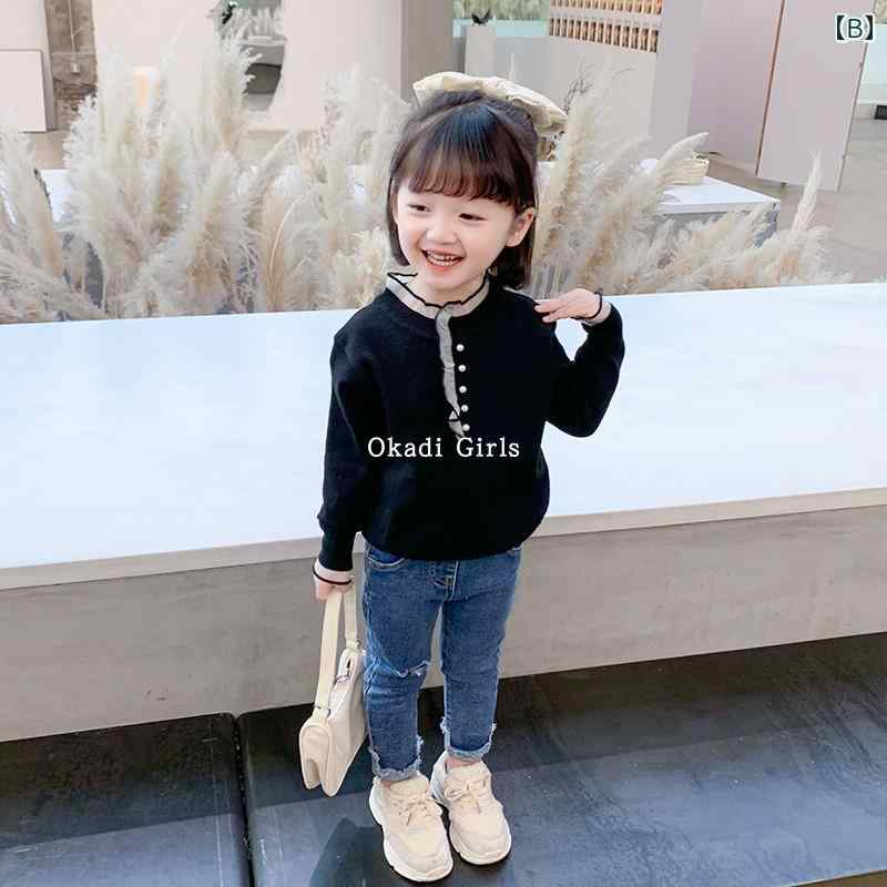 セーター キッズ かわいい 女の子 春秋 韓国 子供用 ウール レース 襟 ボタン ビーズ パール 長袖 プルオーバー カジュアル 普段使い レジャー お出かけ 無地 白 黒