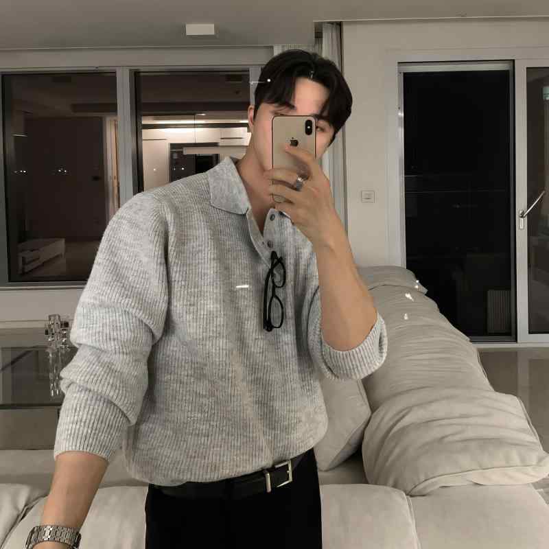 セーター メンズ 大人 韓国 普段使い 外出用 襟付き ボタン 長袖 暖かい プルオーバー 秋冬 カジュアル シンプル おしゃれ グレー 黒