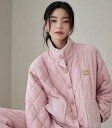 パジャマ 秋冬 レディース 三層 厚手 キルティング 綿 ルームウェア 上下セット 防水 防風 静電気防止 スタンドカラー 前開き ボタン ウエストゴム ピンク...
