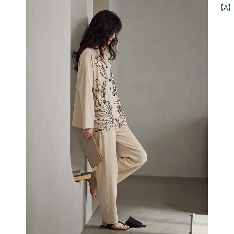 ルームウエア レディース 長袖 パジャマ 上下セット 春秋 綿 かわいい 夏 アシンメトリー フリンジ 前開き ボタン 襟 ウエストゴム 大きいサイズ ゆったり フリル 花 プリント うさぎ