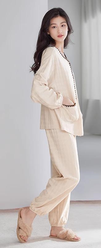 パジャマ レディース 上下セット 春秋 綿 長袖 ルームウェア 前開き ゆったり 大きいサイズ ウエストゴ..