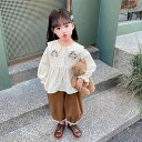 女の子 トップス 長袖 こども キッズ ベビー 韓国 春秋 おしゃれ シャツ 襟付き 前 ボタン ズボン パンツ セット カジュアル 普段着 茶色 顔 フリンジ...