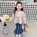 女の子 トップス 長袖 こども キッズ ベビー 韓国 春秋 おしゃれ シャツ ラウンドネック カジュアル 普段着 紫 ピンク 花 柄 うさぎ フリル袖