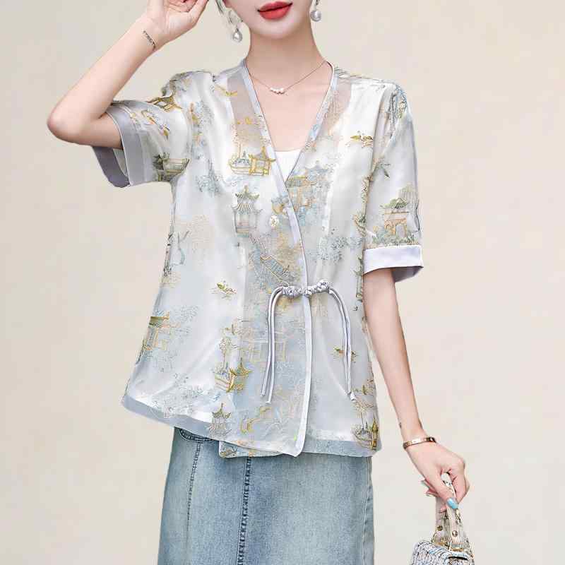 ジャケット レディース カジュアル 春夏 半袖 Vネック ボタン 刺繍 シアー ゆったり 軽量 日焼け防止 チャイナ風 エレガント 茶色 ベージュ 大きいサイズ