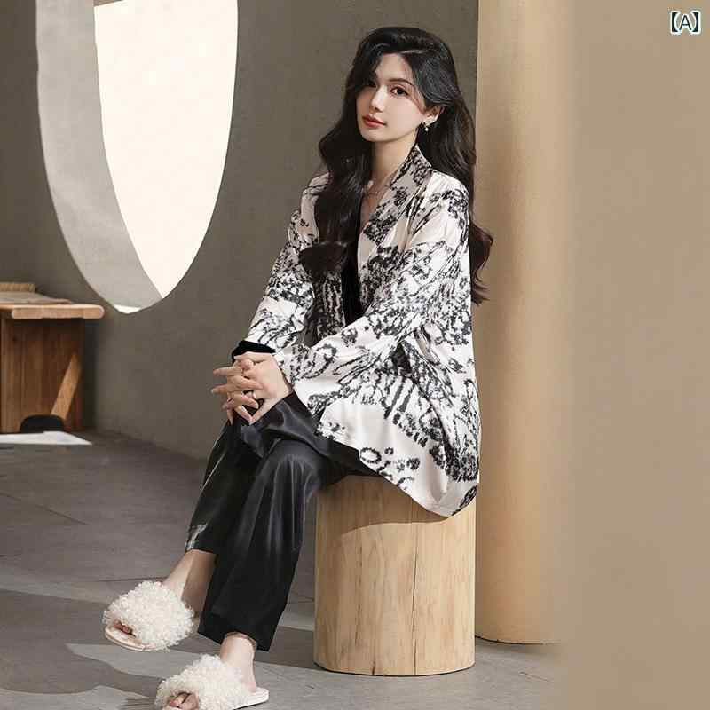 ルームウエア レディース 長袖 用 パジャマ 上下セット ひんやり 涼しい 快適 春秋 プリント 薄手 カジュアル 部屋着 ウエストゴム 大きいサイズ ゆったり Vネック 前開き ボタン アシンメトリー おしゃれ 白 黒