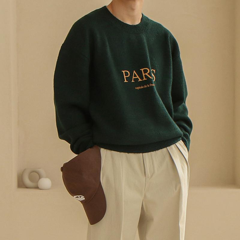 ニット メンズ セーター 厚手 カジュアル 英字 ロゴ 防寒 暖かい 冬 韓国 シンプル 普段使い アウトドア 柔らかい ラウンドネック 長袖 ゆったり 緑 ベージュ グレー