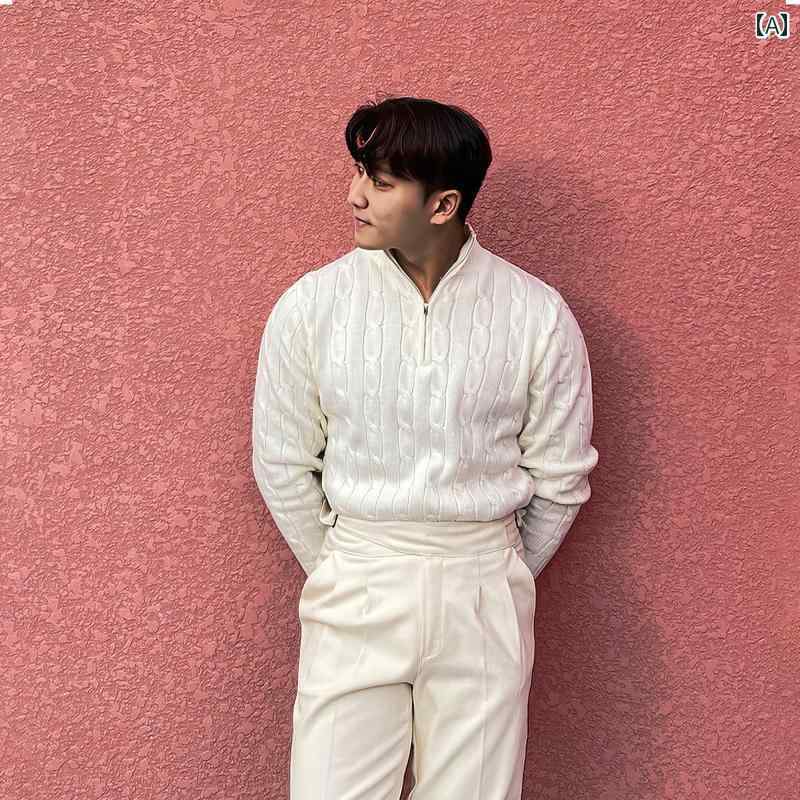 ニット メンズ セーター 厚手 ハーフジップ 長袖 スリム ケーブル編み シンプル カジュアル 暖かい 柔らかい 普段使い アウトドア 白 黒 グレー