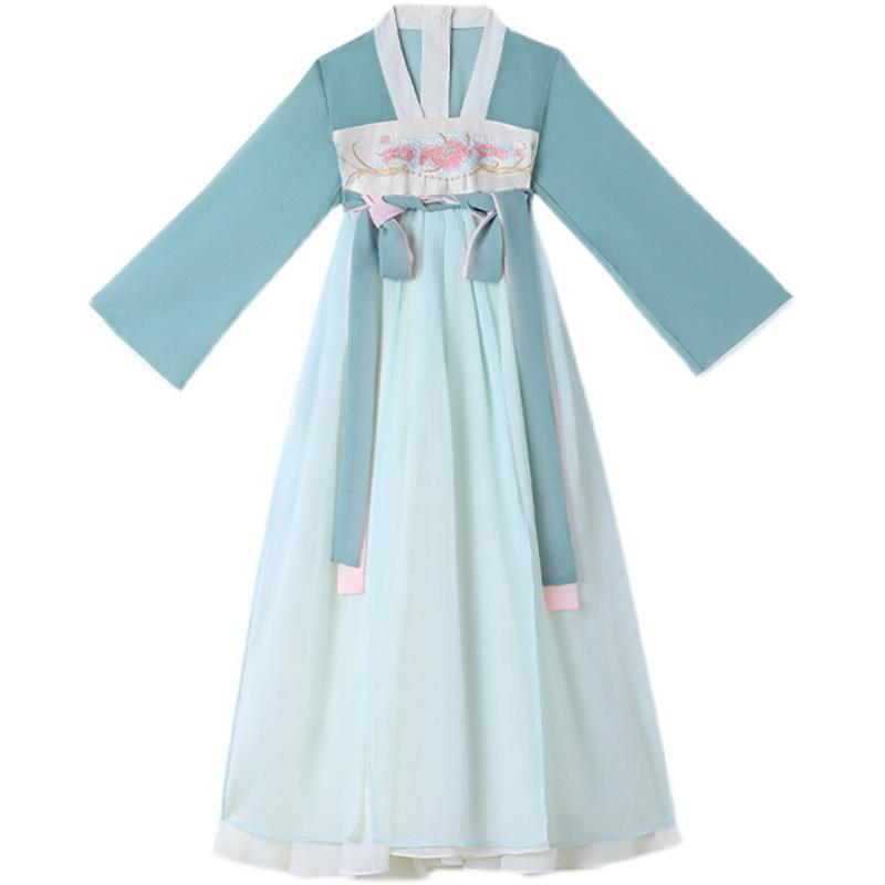 漢服 子供 女の子 キッズ ガールズ 春秋 チャイナ風 妖精 長袖 レトロ スカート 刺繍 花 ひも 袖 広口 背中 チャック シースルー お祝い 衣装 写真 撮影 かわいい 緑
