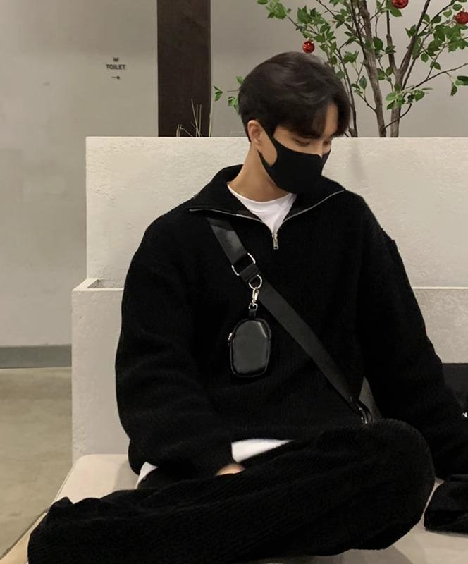 セーター メンズ 大人 韓国 普段使い 外出用 襟付き ハーフジップ 柔らかい 長袖 プルオーバー 暖かい カジュアル シンプル 無地 おしゃれ 黒 茶 グレー