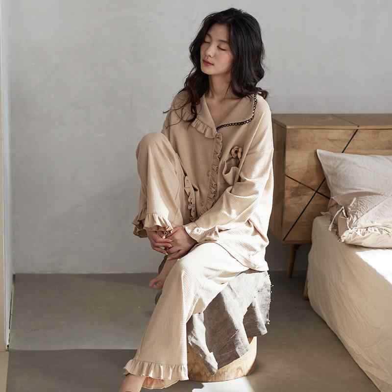 ルームウエア レディース 長袖 綿 パジャマ 上下セット 春秋 フリル Vネック 通気性 柔らかい ウエストゴム 大きいサイズ 前開き ボタン 襟 ポケット 花 アシンメトリー おしゃれ 無地