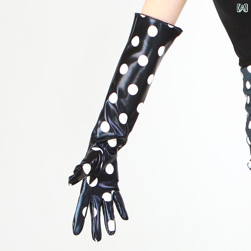 レザー グローブ ロング レディース 水玉 革 手袋 50 cm ぴったり フィット 光沢 ギフト PU 衣装 コスプレ パーティー かっこいい ドット柄 豹 ...