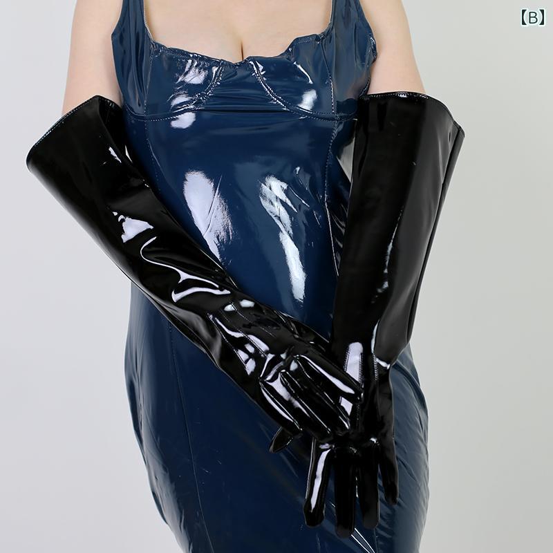 レザー グローブ ロング レディース 手袋 50cm 肘上 袖 広口 ゆったり 男女兼用 ステージ 衣装 コスプレ パフォーマンス ユニセックス 光沢 マット ギフト 無地 シンプル 写真 撮影 おしゃれ 黒 白 赤