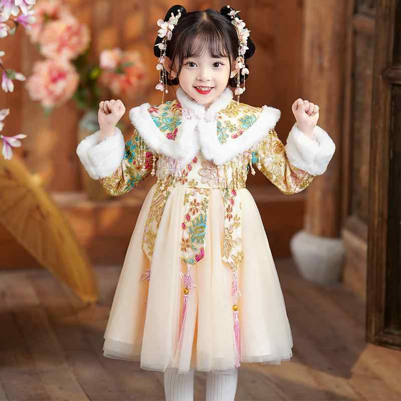 漢服 子供 衣装 コスプレ チャイナドレス キッズ 女の子 冬 大きめ 肩襟 Aライン スカート ふんわり もこもこ かわいい ファー 赤 ピンク 厚手 新年 唐 長袖(4.0)