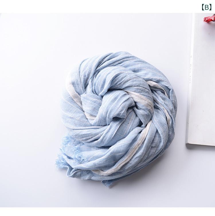 スカーフ メンズ 薄手 コットンリネン マフラー ネックガード 春秋 長方形 ストライプ柄 切りっぱなし フリンジ 冷房 日焼け対策 おしゃれ カジュアル グレー 青 赤