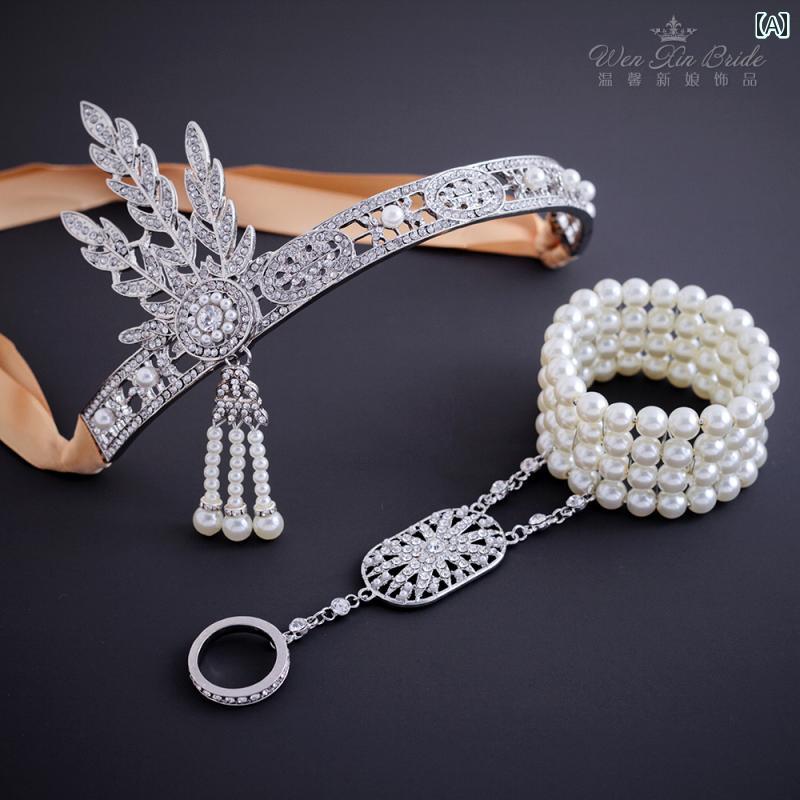 髪飾り 結婚式 ウェディング ブライダル 新婦 花嫁 大人 上品 エレガント レディース セット ヘアバンド 腕輪 ビーズ キラキラ 合金 金 銀 黒