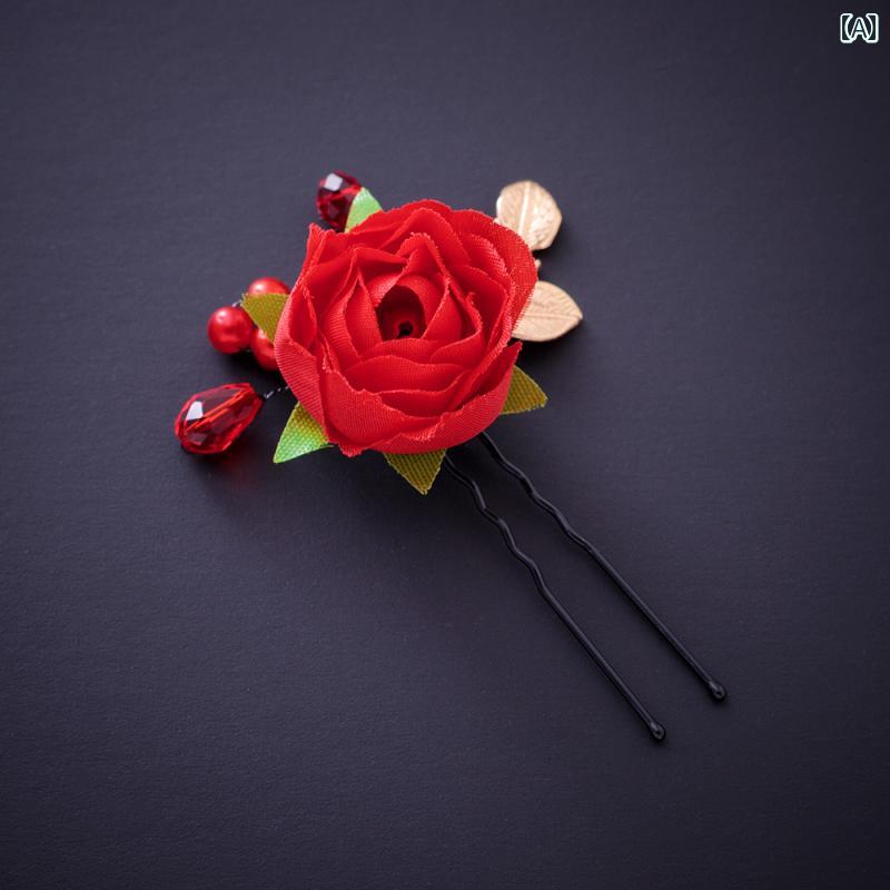 髪飾り uピン 大人 レディース 上品 エレガント 結婚式 ウェディング ブライダル ヘアアクセサリー 韓国 小さめ 花 薔薇 ビーズ おしゃれ 赤 青
