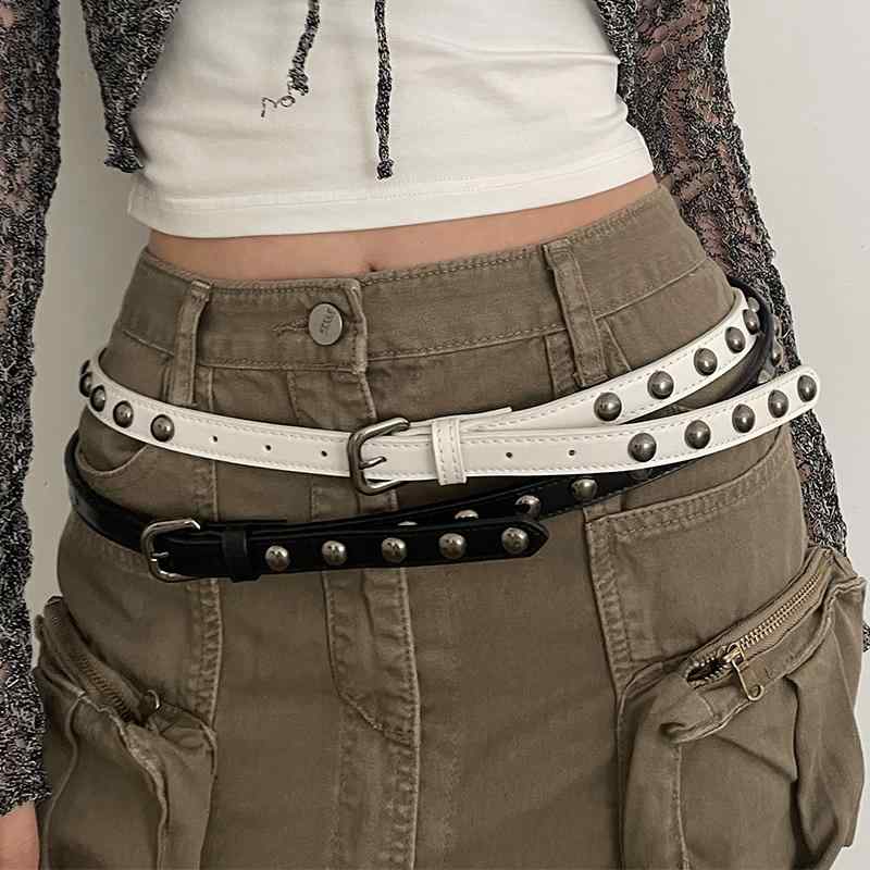 ベルト レディース 細い おしゃれ アメリカン レトロ カジュアル パンク スタイル メタル ロック 個性的 PUレザー 長め