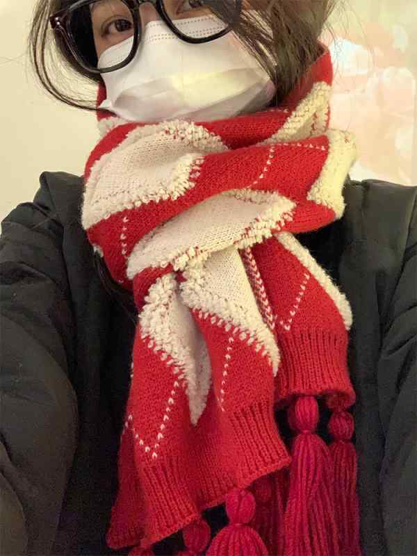 マフラー レディース チェック 韓国 秋冬 ニット タッセル 厚手 暖かい ソフト 通気 ロング 防寒 カジュアル おしゃれ アーガイル柄 赤 プレゼント 誕生...