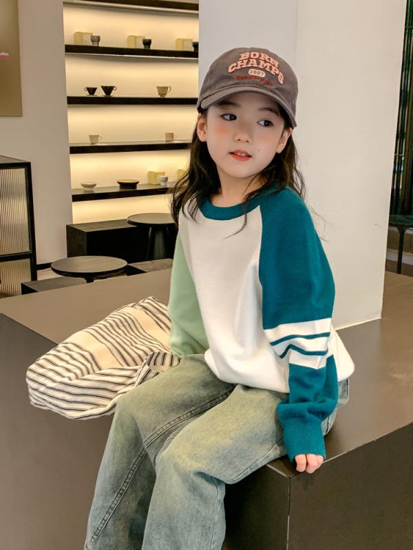 女の子 トップス 長袖 ガールズ 子供服 ロンT 春秋 配色 ボーダー ラウンドネック かわいい 韓
