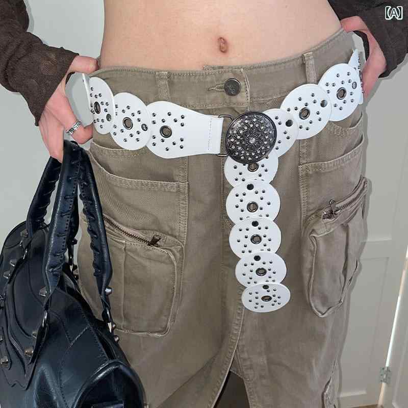 ベルト レディース 太め おしゃれ レトロ エスニック 装飾 韓国 多用途 ドレス スカート パンツ 長め パンク ロック 白 PUレザー