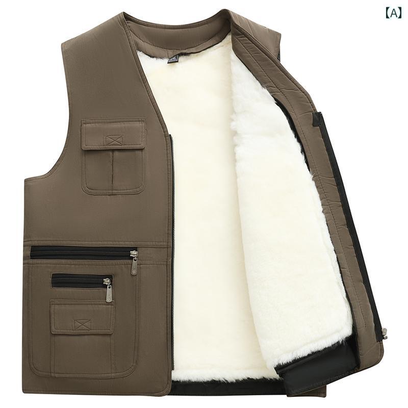 ベスト メンズ 冬 綿 チョッキ 暖かい ポケット 厚手 面ファスナー 大きいサイズ ジップアップ 裏ボア Vネック カジュアル レジャー アウトドア 釣り 便利 かっこいい カーキ 黒
