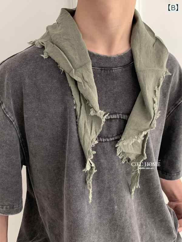 スカーフ 小さめ 三角 ダメージ加工 ヴィンテージ風 男女兼用 ネックウェア おしゃれ 装飾 ストリート カジュアル 韓国 黒 緑 グレー グラデーション