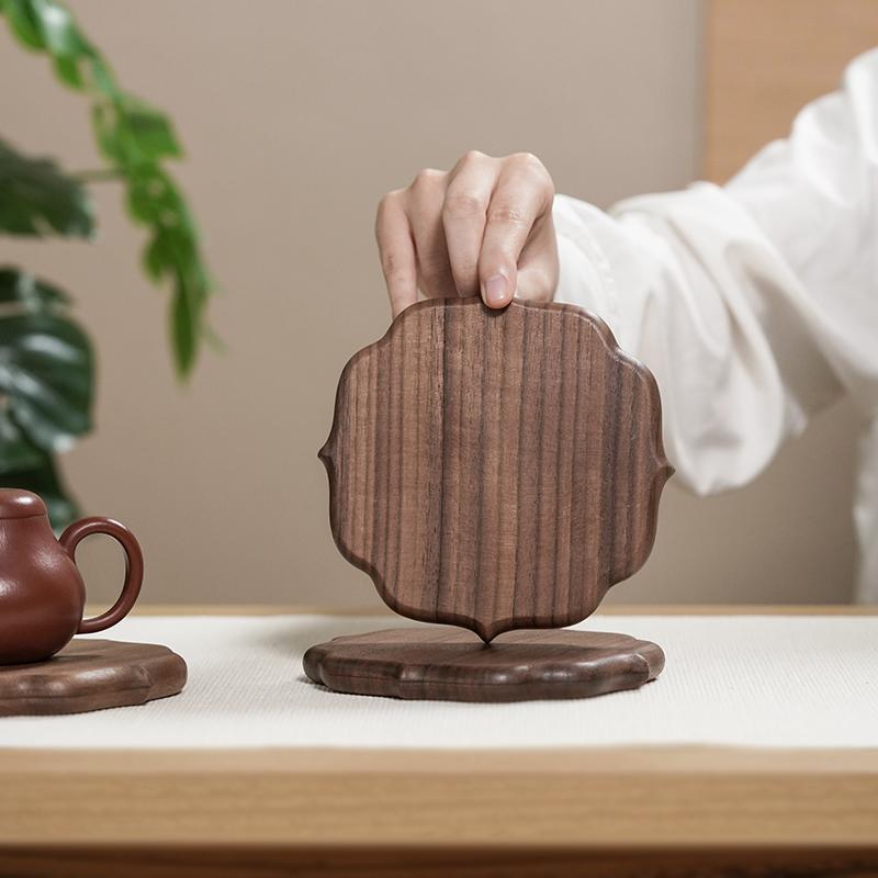 木製 トレー おしゃれ カフェ ブラックウォールナット 蓮型 無垢材 茶道 断熱 セット シンプル ナチュラル 普段使い レトロ プレゼント リビング コースター 手作り 滑らか