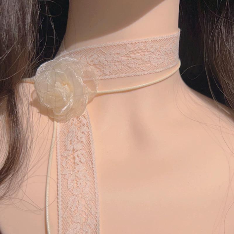 チョーカー レディース おしゃれ 杏色 レース 花 シフォン リボン ロング 飾り 首元 フェミニン ガーリー