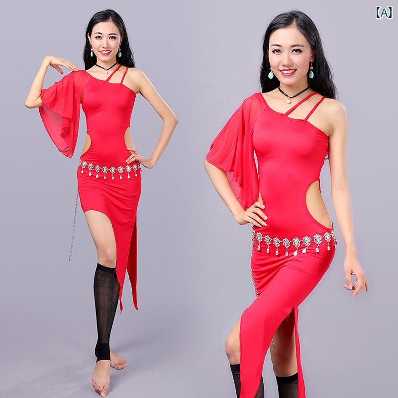 ベリーダンス レッスン着 レディース 練習 パフォーマンス セクシー ウェア スカート スリット アシンメトリー ワンショルダー 袖 広口 カットアウト サイド フリーサイズ ぴったり 無地 赤 ピンク 白 2