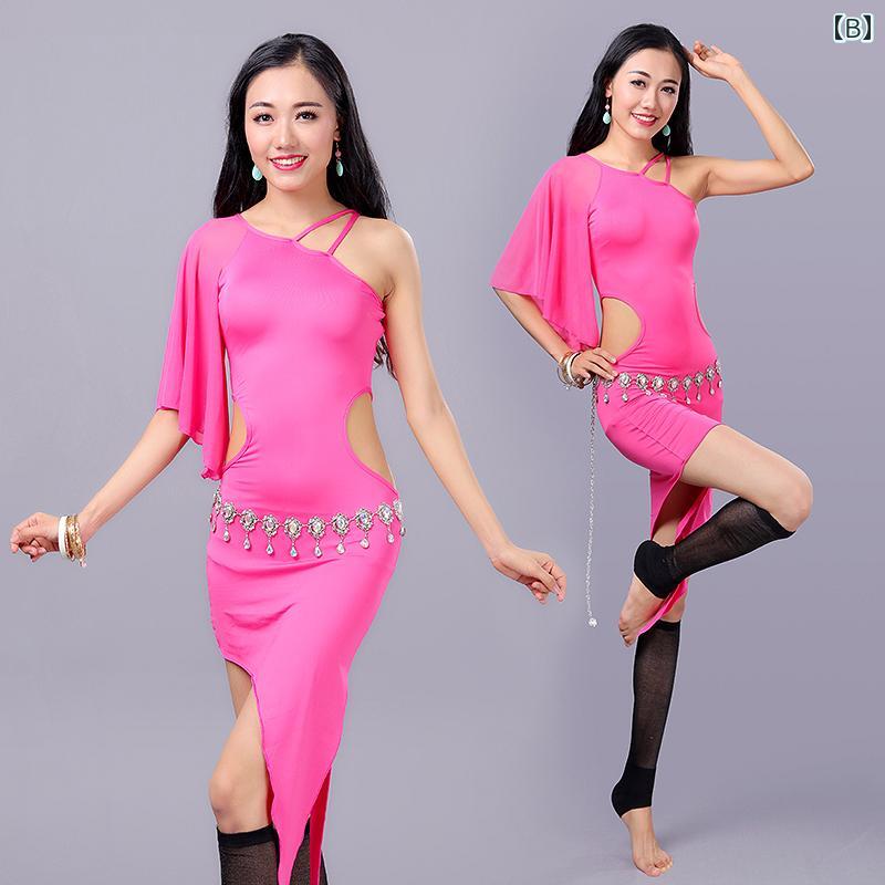 ベリーダンス レッスン着 レディース 練習 パフォーマンス セクシー ウェア スカート スリット アシンメトリー ワンショルダー 袖 広口 カットアウト サイド フリーサイズ ぴったり 無地 赤 ピンク 白 3