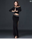 ベリーダンス レッスン着 レディース 3点セット トップス スカート 靴下 女性 ロング ラウンドネック スリット 長袖 パフォーマンス ステージ 衣装 セクシ...
