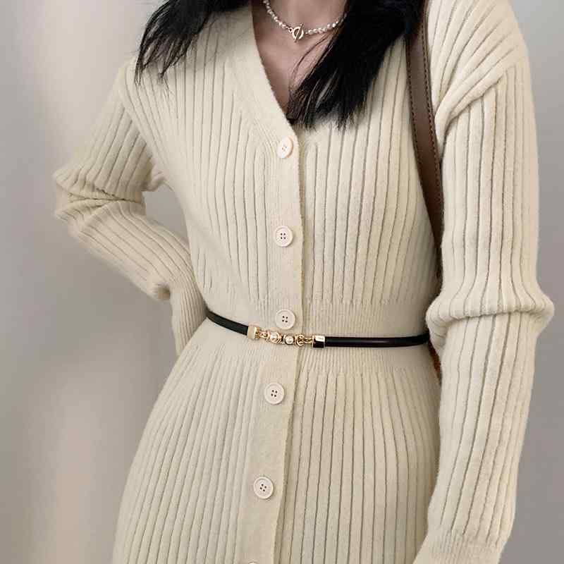 ベルト レディース 細 大人 上品 エレガント 普段使い 外出用 PUレザー フック 合金 シングルループ ビーズ シンプル おしゃれ 黒