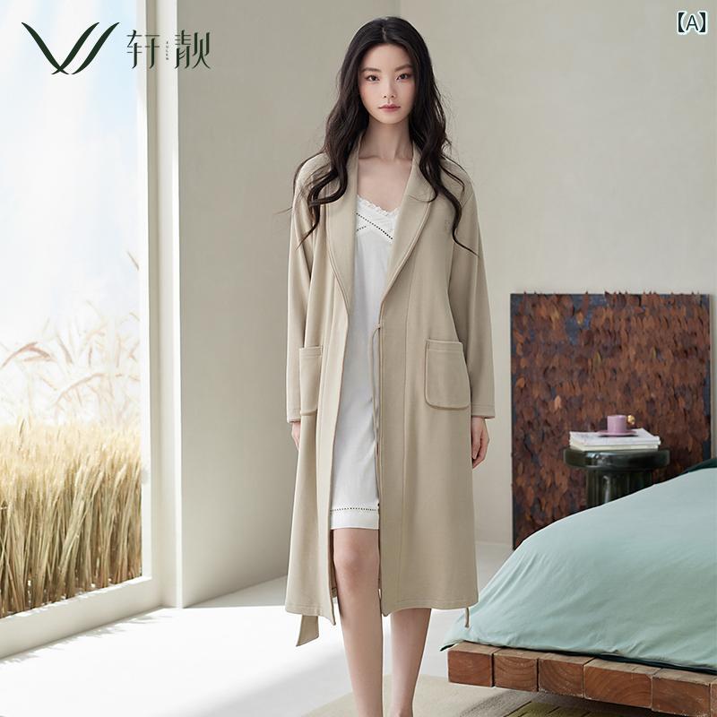 ナイトガウン レディース 暖かい 綿 秋冬 薄手 パジャマ 長袖 バスローブ ルームウェア ポケット Vネッ..