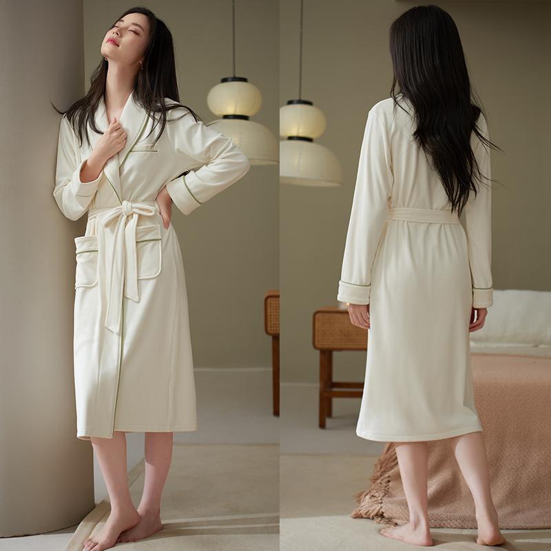 ナイトガウン レディース 暖かい ミモレ丈 長袖 秋冬 厚手 パジャマ 春 バスローブ Vネック 前開き 腰 ..