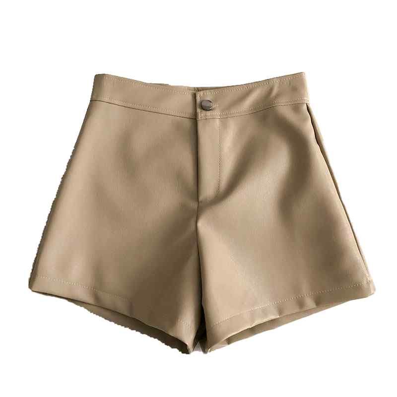 樂天商城 - レディース レザー ショートパンツ ボタン ハイウエスト PU Aライン カジュアル 秋 韓国 普段使い ワイドレッグ ポケット 黒 カーキ シンプル おしゃれ