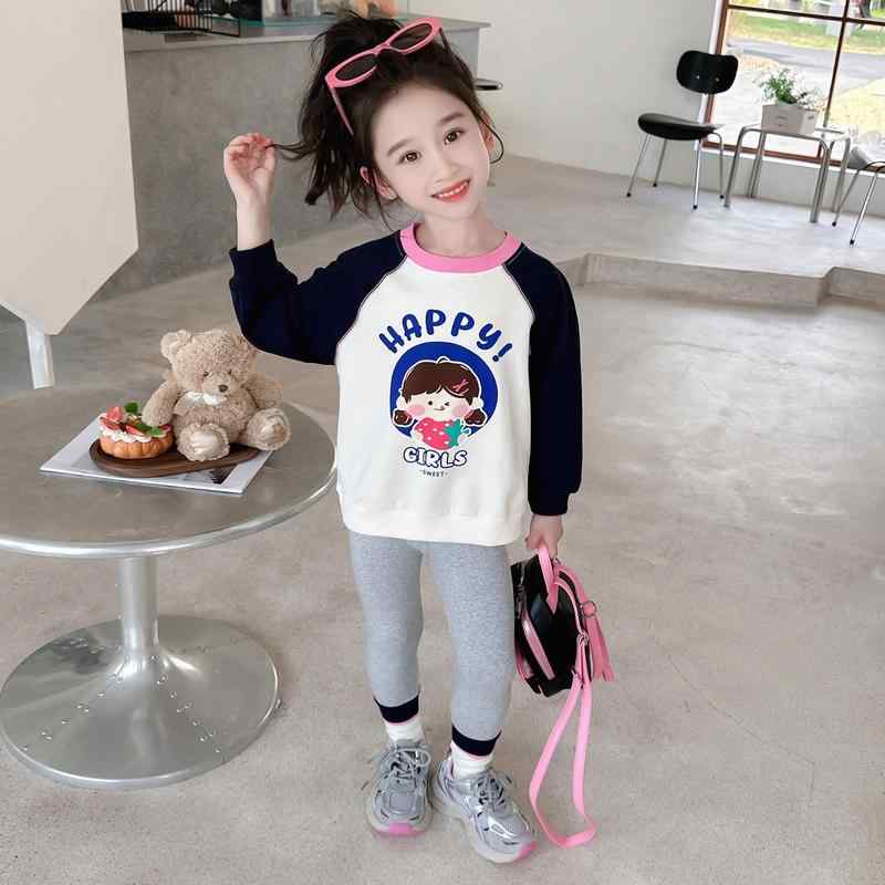 キッズ セットアップ 女の子 130 ベビー 韓国 春秋 綿 長袖 プルオーバー トレーナー ラウンドネック レギンス カジュアル スポーツ かわいい ピンク 紺