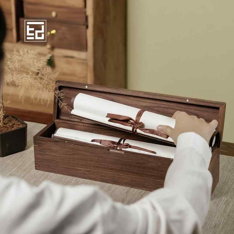 収納 木製ボックス 黒 クルミ 桜木 卓上 長方形 細ロング 書道 工具入れ 整理 ふた付き おしゃれ チャイナ風 レトロ 茶室 リビング アクセサリー